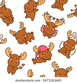 Cute kawaii moose character. Seamless pattern. Cartoon funny wild animal. Hand drawn style. Vector drawing. Design ornaments.