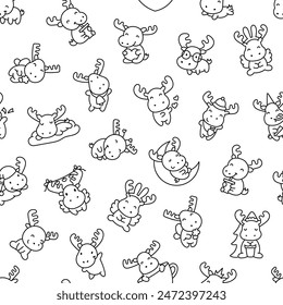 Cute kawaii moose character. Seamless pattern. Coloring Page. Cartoon funny wild animal. Hand drawn style. Vector drawing. Design ornaments.