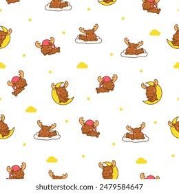 Cute kawaii moose character. Seamless pattern. Cartoon funny wild animal. Hand drawn style. Vector drawing. Design ornaments.