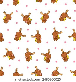 Cute kawaii moose character. Seamless pattern. Cartoon funny wild animal. Hand drawn style. Vector drawing. Design ornaments.