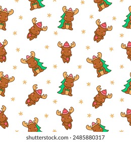 Cute kawaii moose character. Seamless pattern. Cartoon funny wild animal. Hand drawn style. Vector drawing. Design ornaments.