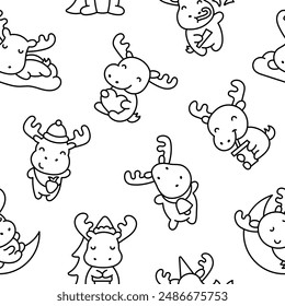 Cute kawaii moose character. Seamless pattern. Coloring Page. Cartoon funny wild animal. Hand drawn style. Vector drawing. Design ornaments.