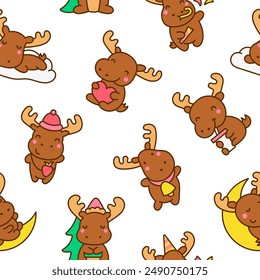 Cute kawaii moose character. Seamless pattern. Cartoon funny wild animal. Hand drawn style. Vector drawing. Design ornaments.