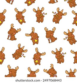 Cute kawaii moose character. Seamless pattern. Cartoon funny wild animal. Hand drawn style. Vector drawing. Design ornaments.