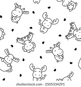 Cute kawaii moose character. Seamless pattern. Coloring Page. Cartoon funny wild animal. Hand drawn style. Vector drawing. Design ornaments.