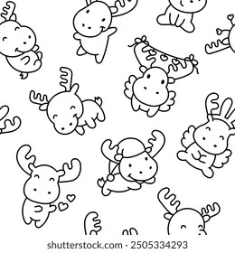 Cute kawaii moose character. Seamless pattern. Coloring Page. Cartoon funny wild animal. Hand drawn style. Vector drawing. Design ornaments.