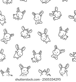 Cute kawaii moose character. Seamless pattern. Coloring Page. Cartoon funny wild animal. Hand drawn style. Vector drawing. Design ornaments.