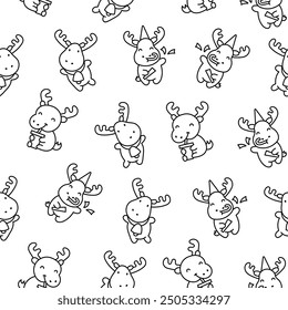 Cute kawaii moose character. Seamless pattern. Coloring Page. Cartoon funny wild animal. Hand drawn style. Vector drawing. Design ornaments.