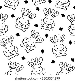 Cute kawaii moose character. Seamless pattern. Coloring Page. Cartoon funny wild animal. Hand drawn style. Vector drawing. Design ornaments.