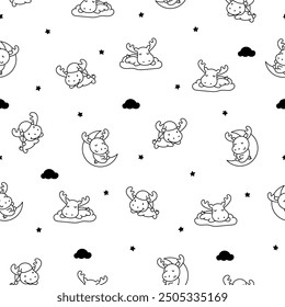 Cute kawaii moose character. Seamless pattern. Coloring Page. Cartoon funny wild animal. Hand drawn style. Vector drawing. Design ornaments.