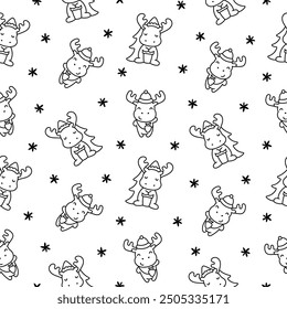 Cute kawaii moose character. Seamless pattern. Coloring Page. Cartoon funny wild animal. Hand drawn style. Vector drawing. Design ornaments.