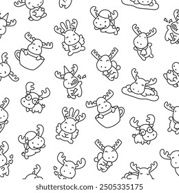 Cute kawaii moose character. Seamless pattern. Coloring Page. Cartoon funny wild animal. Hand drawn style. Vector drawing. Design ornaments.