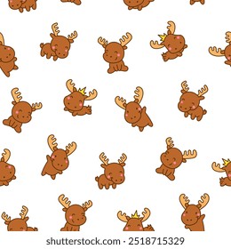 Cute kawaii moose character. Seamless pattern. Cartoon funny wild animal. Hand drawn style. Vector drawing. Design ornaments.