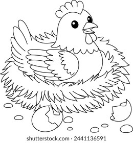 Cute kawaii a mother hen is sitting on eggs in a nest cartoon character coloring page vector illustration