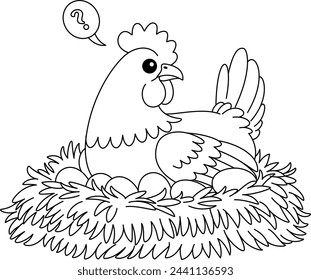 Cute kawaii a mother hen is sitting on eggs in a nest cartoon character coloring page vector illustration