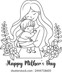 Nette kawaii Mutter mit einem Kind Cartoon Charakter Färbung Seite Vektorillustration, Happy Mother's Day Illustrationen mit den Worten glückliche Mütter Tag darauf