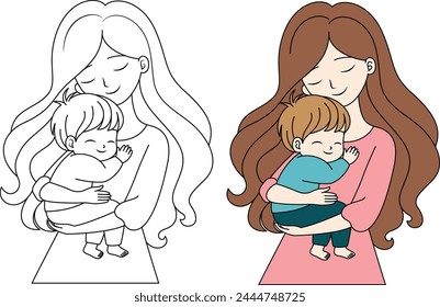 Cute kawaii Mother Holding a Child cartoon character coloring page vector illustration, Happy Mother's day illustrations  