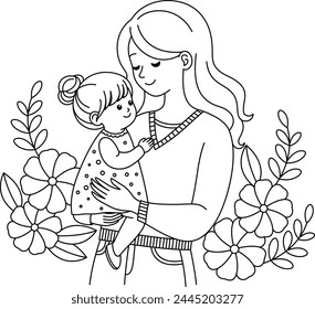 Madre kawaii lindo sosteniendo un niño personaje de dibujos animados para colorear Ilustración vectorial de página, feliz día de la madre ilustraciones  