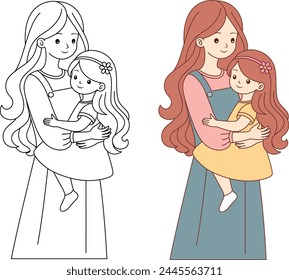 Cute kawaii Mother Holding Daughter cartoon character coloring page vector illustration, Happy Mother's day illustrations 