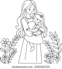 Cute kawaii Mother Holding Daughter cartoon character coloring page vector illustration, Happy Mother's day illustrations 