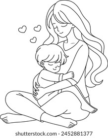 Cute kawaii Mother Huging Son cartoon character coloring page vector illustration, Happy Mother's day illustrations 