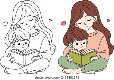 Cute kawaii Mother and Son are Reading Book cartoon character coloring page vector illustration, Happy Mother's day illustrations 