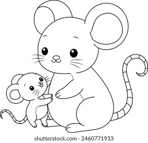 Cute kawaii mouse and baby cartoon character coloring page vector illustration. Wild animal, mothers day colouring page for kids