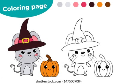 Cute kawaii mouse dressed up in witch costumes. Coloring page for kids. Rat with a pumpkin. Halloween party. Vector cartoon characters.