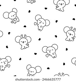 Cute kawaii mouse. Seamless pattern. Coloring Page. Cartoon happy baby rat characters. Hand drawn style. Vector drawing. Design ornaments.