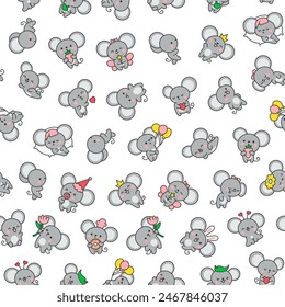 Cute kawaii mouse. Seamless pattern. Cartoon happy baby rat characters. Hand drawn style. Vector drawing. Design ornaments.