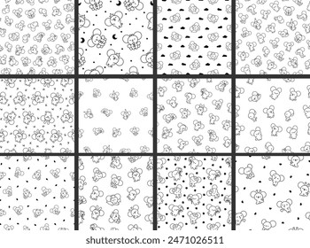 Cute kawaii mouse. Seamless pattern. Coloring Page. Cartoon happy baby rat characters. Hand drawn style. Vector drawing. Collection of design ornaments.