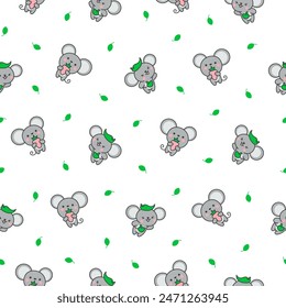 Cute kawaii mouse. Seamless pattern. Cartoon happy baby rat characters. Hand drawn style. Vector drawing. Design ornaments.