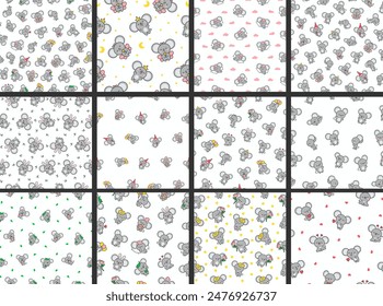 Cute kawaii mouse. Seamless pattern. Cartoon happy baby rat characters. Hand drawn style. Vector drawing. Collection of design ornaments.