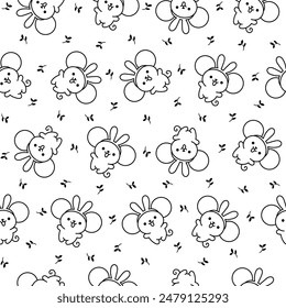 Cute kawaii mouse. Seamless pattern. Coloring Page. Cartoon happy baby rat characters. Hand drawn style. Vector drawing. Design ornaments.