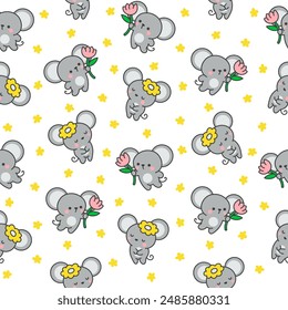 Cute kawaii mouse. Seamless pattern. Cartoon happy baby rat characters. Hand drawn style. Vector drawing. Design ornaments.
