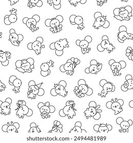 Cute kawaii mouse. Seamless pattern. Coloring Page. Cartoon happy baby rat characters. Hand drawn style. Vector drawing. Design ornaments.