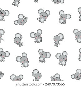 Cute kawaii mouse. Seamless pattern. Cartoon happy baby rat characters. Hand drawn style. Vector drawing. Design ornaments.