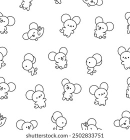 Cute kawaii mouse. Seamless pattern. Coloring Page. Cartoon happy baby rat characters. Hand drawn style. Vector drawing. Design ornaments.