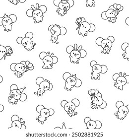 Cute kawaii mouse. Seamless pattern. Coloring Page. Cartoon happy baby rat characters. Hand drawn style. Vector drawing. Design ornaments.