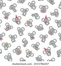 Cute kawaii mouse. Seamless pattern. Cartoon happy baby rat characters. Hand drawn style. Vector drawing. Design ornaments.