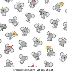 Cute kawaii mouse. Seamless pattern. Cartoon happy baby rat characters. Hand drawn style. Vector drawing. Design ornaments.