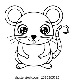 Cute kawaii mouse vector illustration. Adorable cartoon rodent with big eyes and whiskers. Outline drawing for coloring book and kids projects.