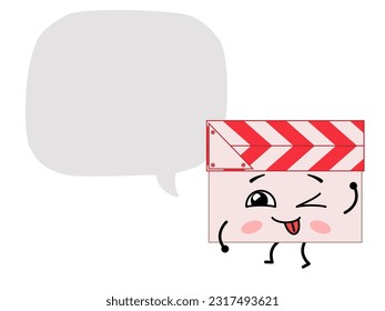 Cute kawaii movie clap with a big speech bubble. Cartoon character cinema clapperboard with a place for text. Vector illustration isolated on white background