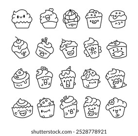 Cute kawaii muffin. Coloring Page. Cartoon tasty baking. Vector drawing. Collection of design elements.