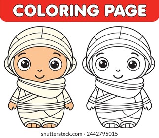 Cute kawaii mummy coloring page, Cute smiling Halloween line character for kids