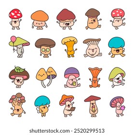 Cute kawaii mushroom. Adorable cartoon character. Hand drawn style. Vector drawing. Collection of design elements.