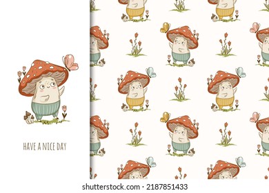 Cute Kawaii Mushroom With Butterfly Cartoon Vector Illustration For Posters, T-shirt Print, Postcard. Kids Card Print Template And Seamless Background Pattern Set