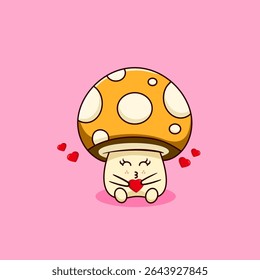 Cute Kawaii Mushroom Sending Kisses with Hearts Vector Illustration Cartoon Design