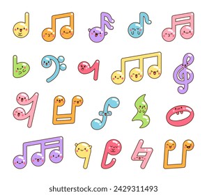 Cute kawaii music notes. Funny cartoon character. Hand drawn style. Vector drawing. Collection of design elements.