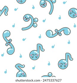 Cute kawaii music notes. Seamless pattern. Funny cartoon character. Hand drawn style. Vector drawing. Design ornaments.